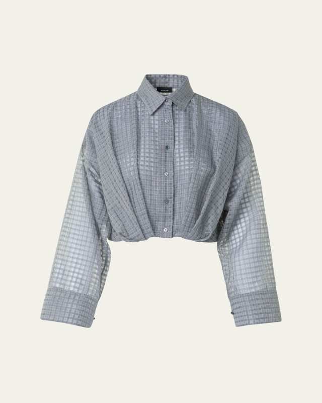 Plaid Cotton Voile Blouse with Pleated Waist